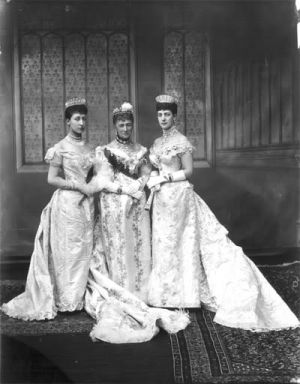 Alexandra her mother the Queen of Denmark and her daughter the Duchess of Fife at Queen Marys wedding.jpg